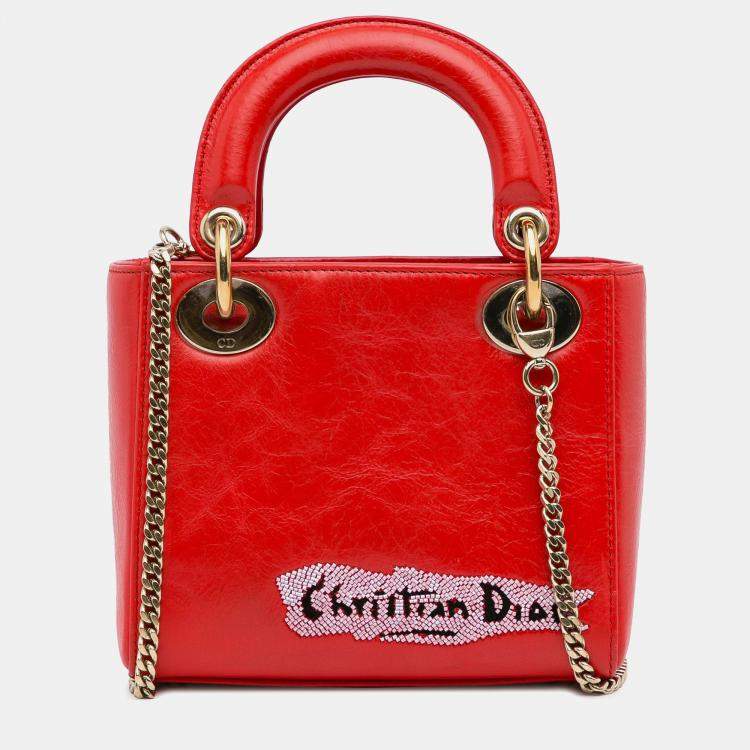 Pre Owned Dior Red Mini Calfskin Sequin Embellished Lady Dior