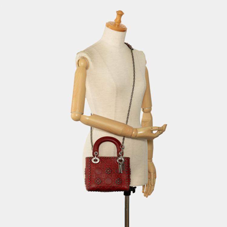 Pre Owned Dior Red Mini Embossed Calfskin Cannage Studded Flower Lady Dior