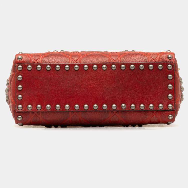 Pre Owned Dior Red Mini Embossed Calfskin Cannage Studded Flower Lady Dior