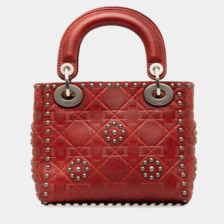 Pre Owned Dior Red Mini Embossed Calfskin Cannage Studded Flower Lady Dior