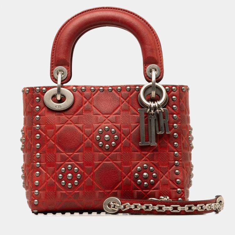 Pre Owned Dior Red Mini Embossed Calfskin Cannage Studded Flower Lady Dior