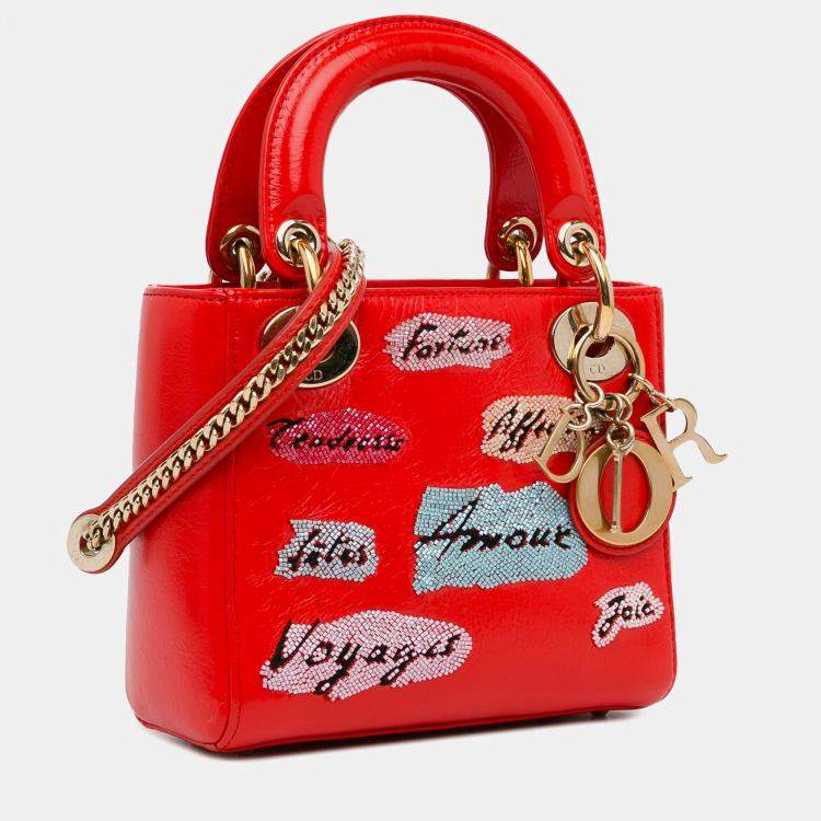 Pre Owned Dior Red Mini Calfskin Sequin Embellished Lady Dior