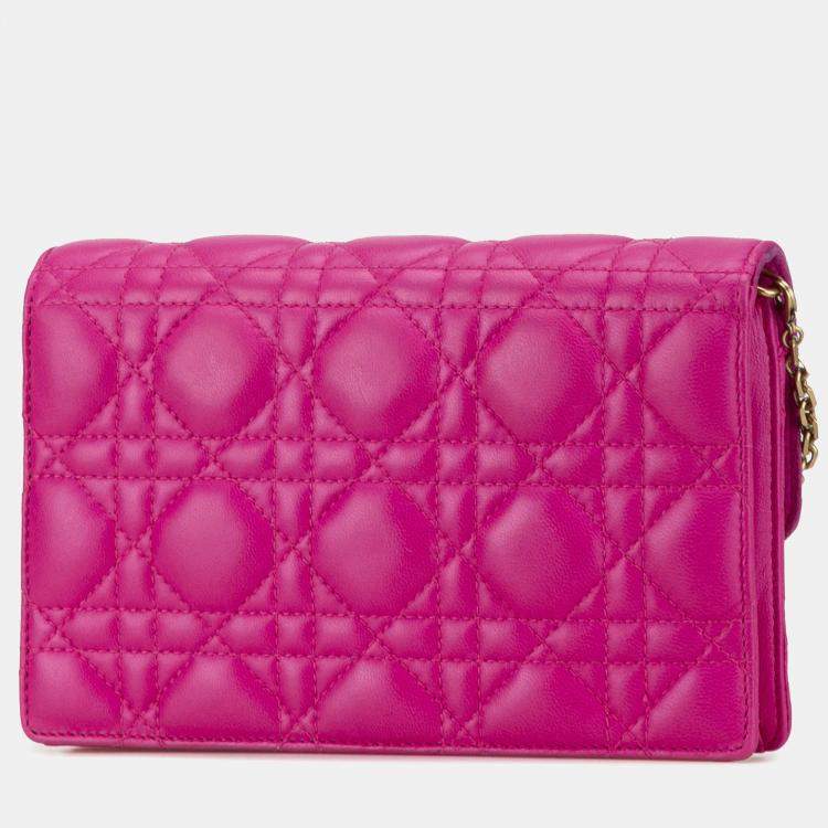 Pre Owned Dior Pink Lambskin Cannage DiorAddict Wallet on Chain