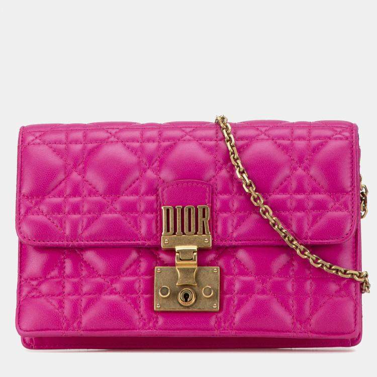 Pre Owned Dior Pink Lambskin Cannage DiorAddict Wallet on Chain