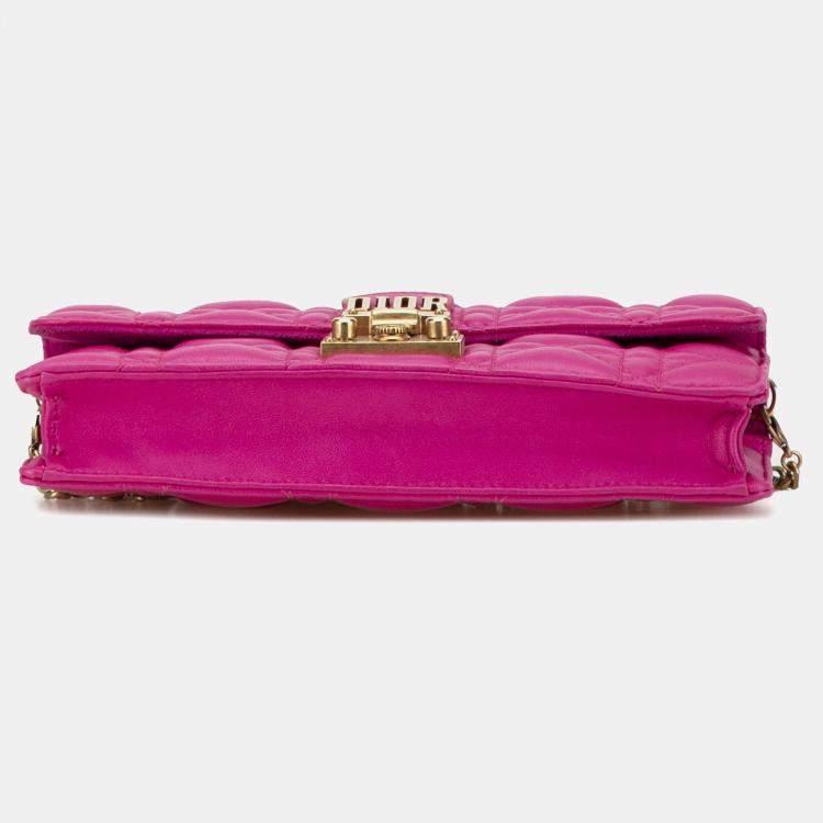Pre Owned Dior Pink Lambskin Cannage DiorAddict Wallet on Chain
