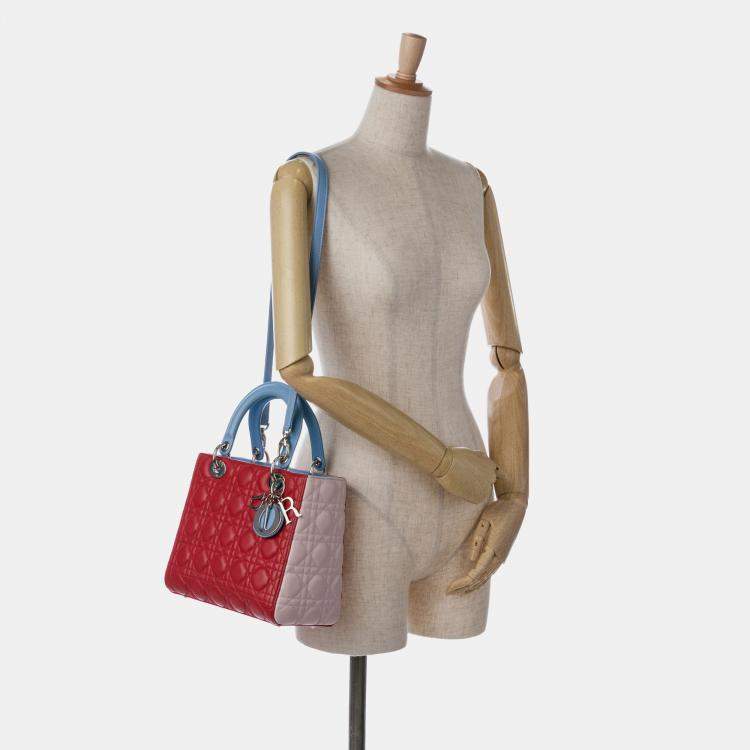 Pre Owned Dior Red Medium Tricolor Lambskin Cannage Lady Dior