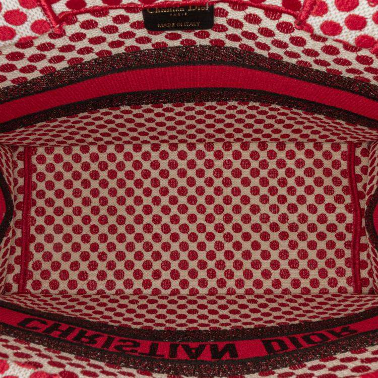 Pre Owned Dior Red DiorAmour Medium Embroidered Canvas Dots Book Tote