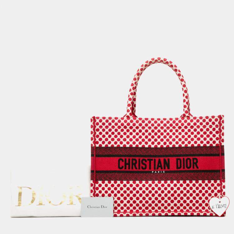 Pre Owned Dior Red DiorAmour Medium Embroidered Canvas Dots Book Tote