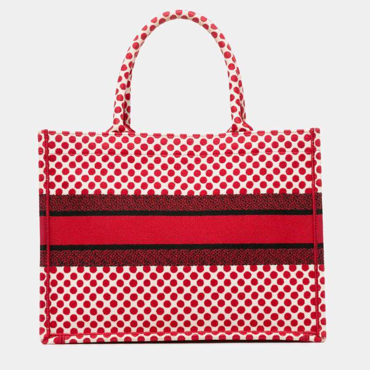 Pre Owned Dior Red DiorAmour Medium Embroidered Canvas Dots Book Tote