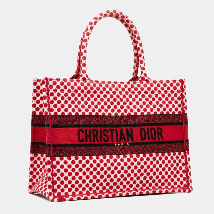 Pre Owned Dior Red DiorAmour Medium Embroidered Canvas Dots Book Tote