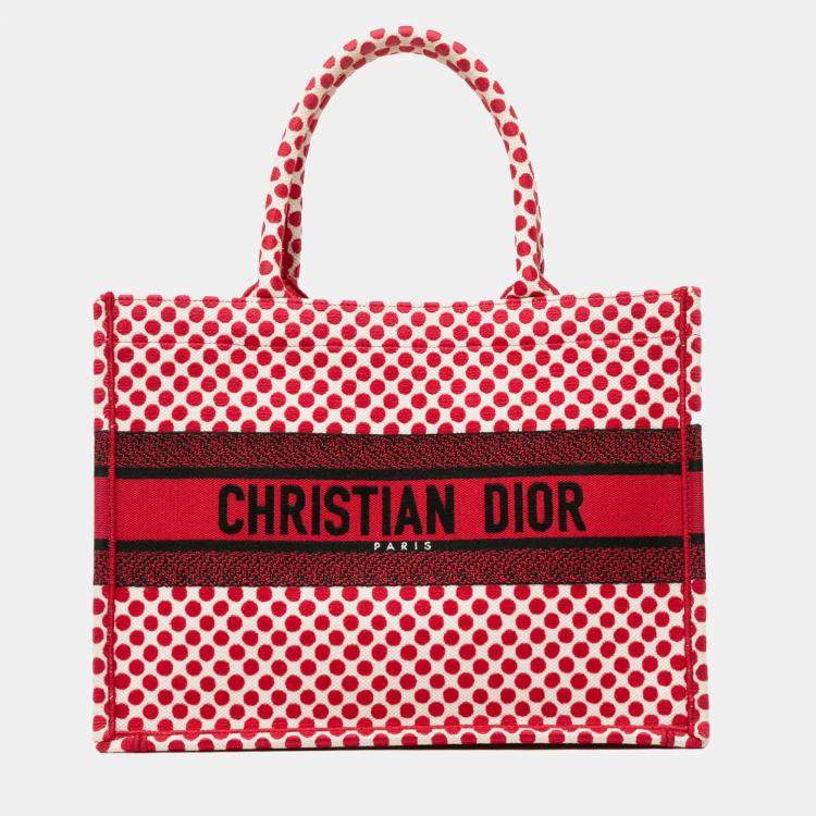 Pre Owned Dior Red DiorAmour Medium Embroidered Canvas Dots Book Tote
