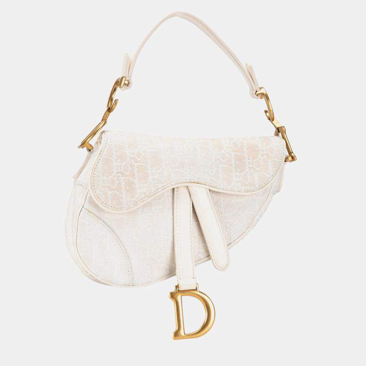 Pre Owned Dior White Mini Oblique Canvas Saddle Bag