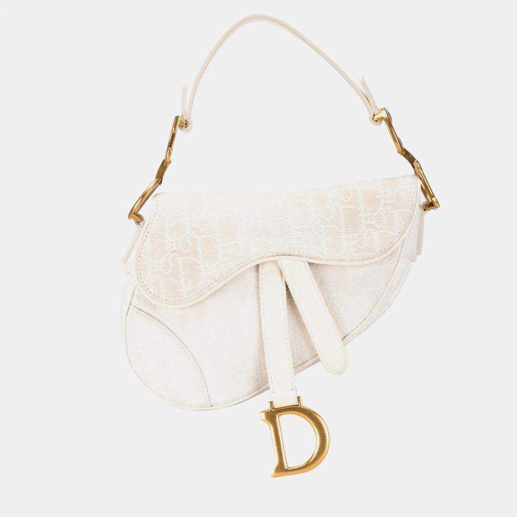 Pre Owned Dior White Mini Oblique Canvas Saddle Bag