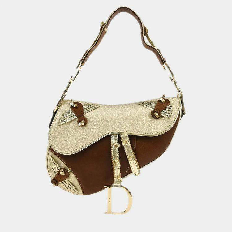 Pre Owned Christian Dior Gold Brown Saddle Handbag