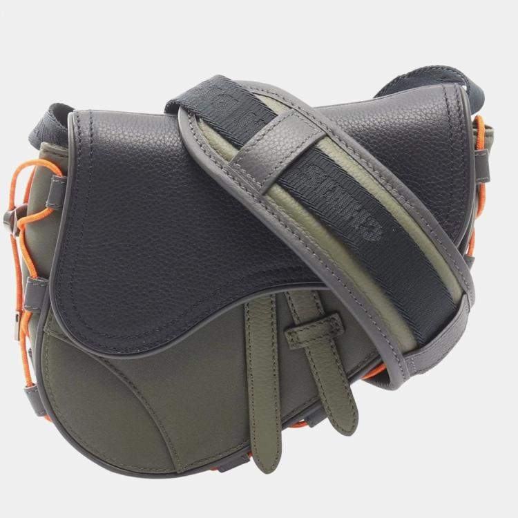 Pre Owned Dior Sacai Saddle Khaki and Navy Nylon and Leather Shoulder Bag