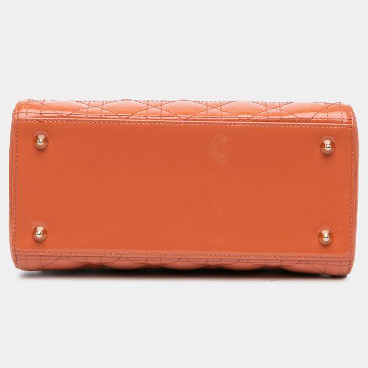 Pre Owned Dior Orange Medium Patent Cannage Lady Dior