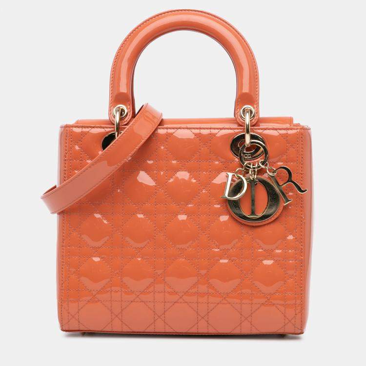 Pre Owned Dior Orange Medium Patent Cannage Lady Dior