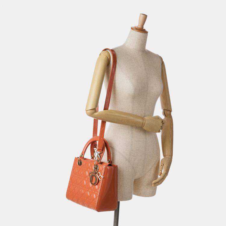 Pre Owned Dior Orange Medium Patent Cannage Lady Dior