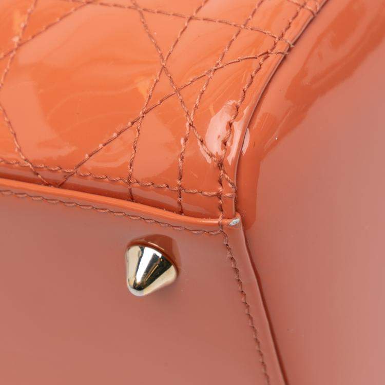 Pre Owned Dior Orange Medium Patent Cannage Lady Dior