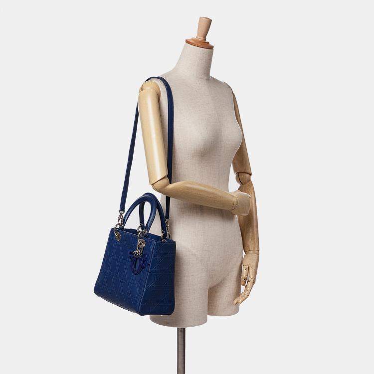 Pre Owned Dior Blue Medium Ultra Matte Calfskin Cannage Embossed Lady Dior