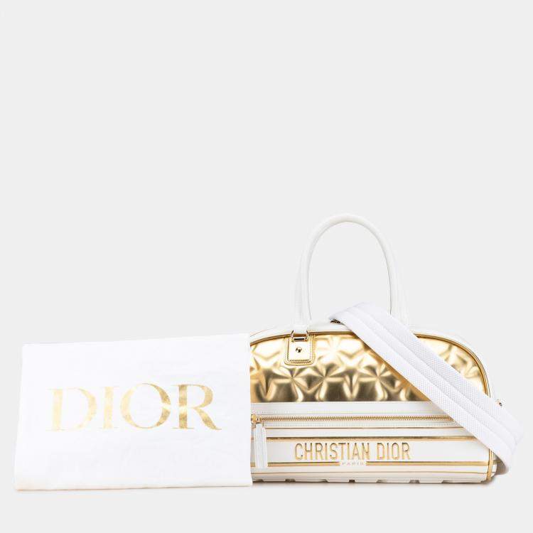 Pre Owned Dior Gold White Medium Padded Etoile Leather Vibe Zip Bowling Bag