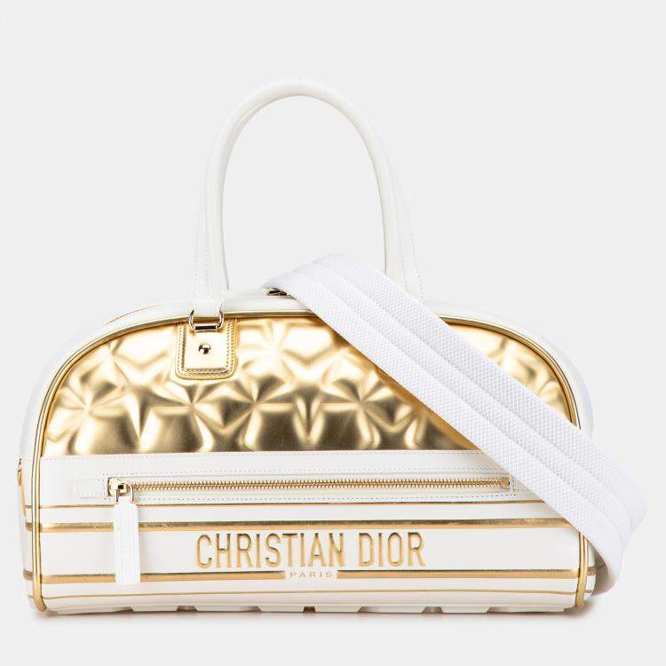 Pre Owned Dior Gold White Medium Padded Etoile Leather Vibe Zip Bowling Bag