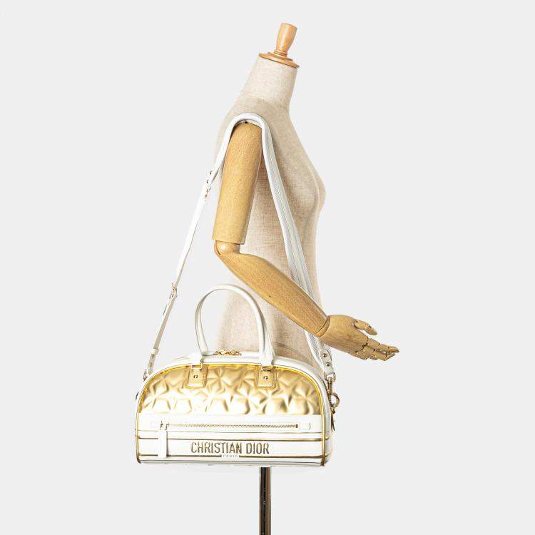 Pre Owned Dior Gold White Medium Padded Etoile Leather Vibe Zip Bowling Bag