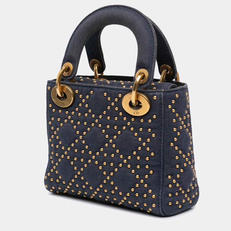 Pre Owned Dior Blue Mini Denim Cannage Studded Supple Lady Dior