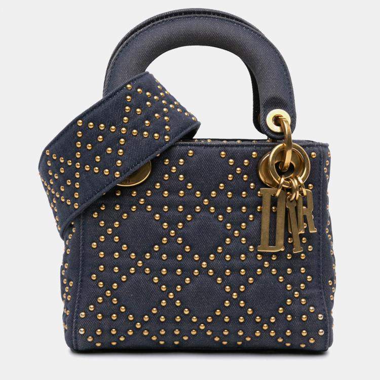 Pre Owned Dior Blue Mini Denim Cannage Studded Supple Lady Dior