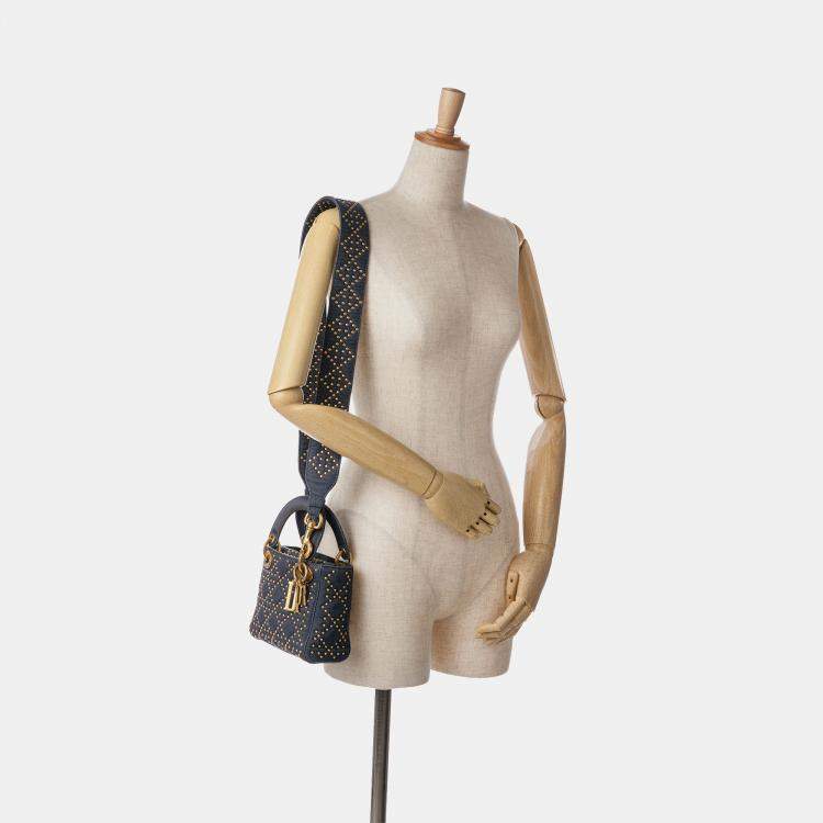 Pre Owned Dior Blue Mini Denim Cannage Studded Supple Lady Dior
