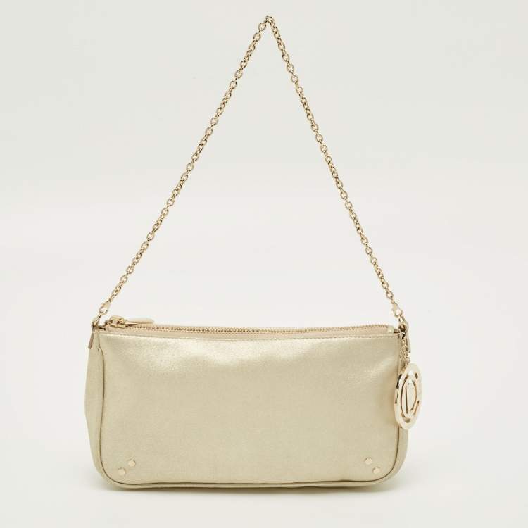 Pre Owned Dior Gold Shimmer Leather Chain Pochette Bag