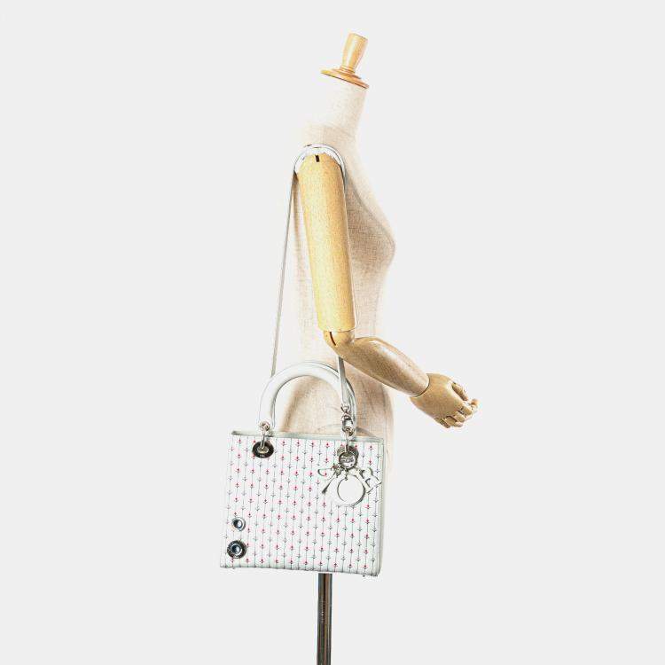 Pre Owned Dior White Medium Calfskin Embroidered Flower Lady Dior