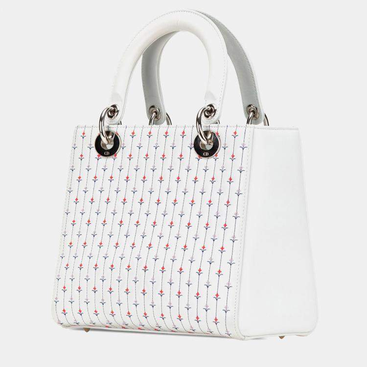 Pre Owned Dior White Medium Calfskin Embroidered Flower Lady Dior