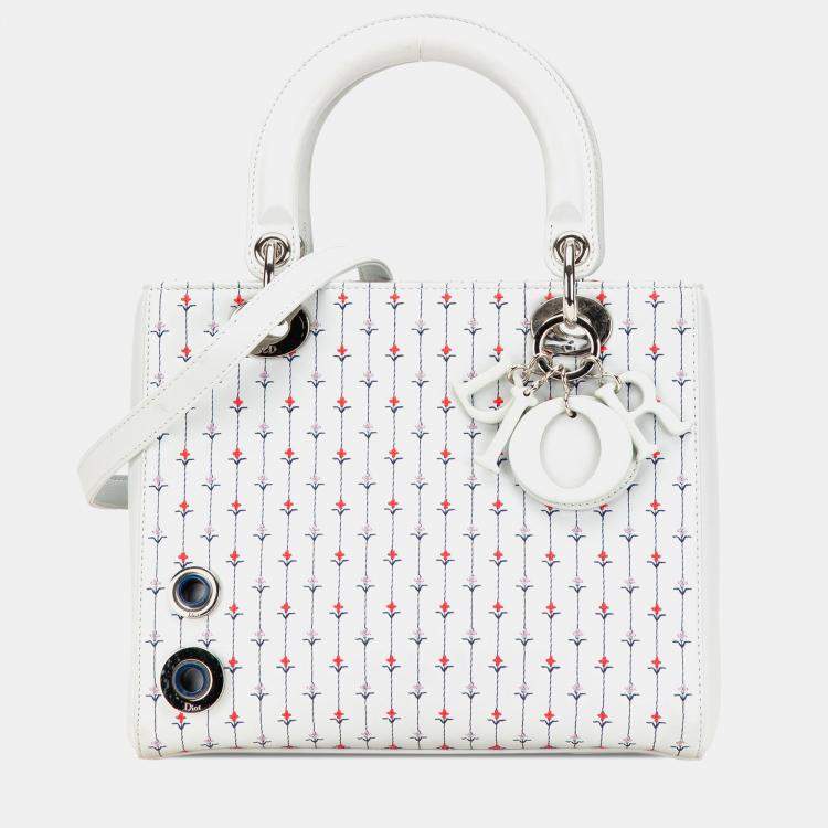Pre Owned Dior White Medium Calfskin Embroidered Flower Lady Dior