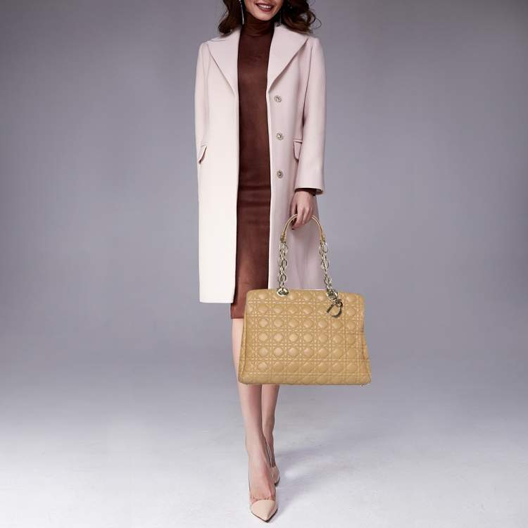 Pre Owned Dior Soft Lady Dior Large Beige Cannage Leather Shopping Tote