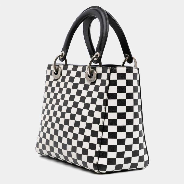 Pre Owned Dior Black White Medium Calfskin Checkered Lady Dior