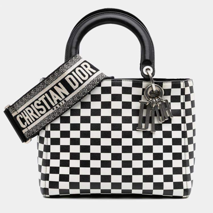 Pre Owned Dior Black White Medium Calfskin Checkered Lady Dior