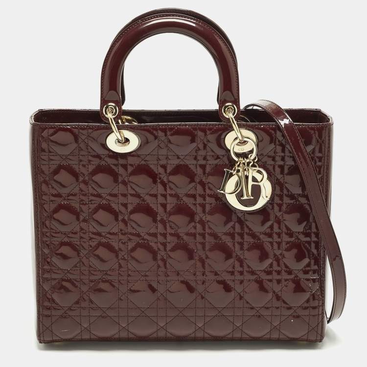 Pre Owned Dior Lady Dior Large Burgundy Cannage Patent Leather Tote