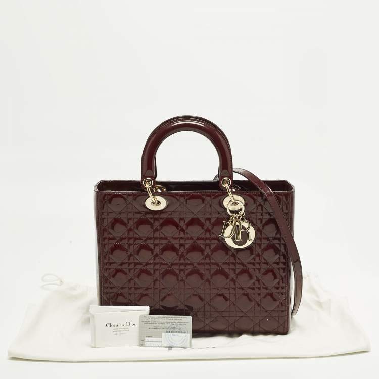 Pre Owned Dior Lady Dior Large Burgundy Cannage Patent Leather Tote