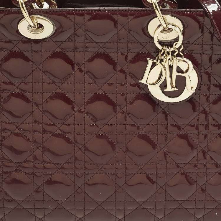 Pre Owned Dior Lady Dior Large Burgundy Cannage Patent Leather Tote