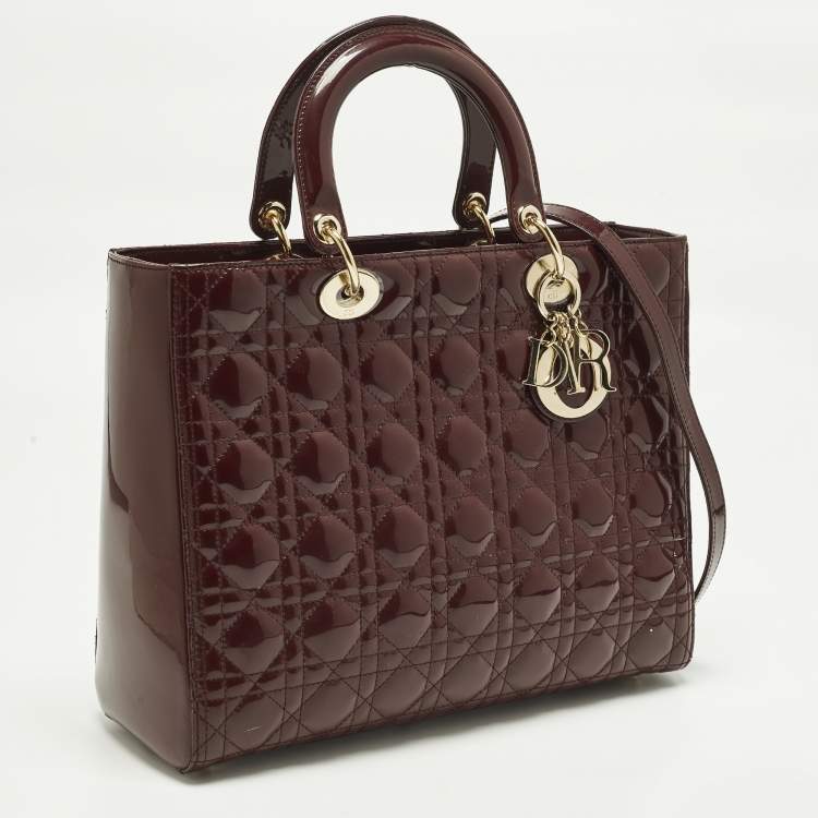 Pre Owned Dior Lady Dior Large Burgundy Cannage Patent Leather Tote