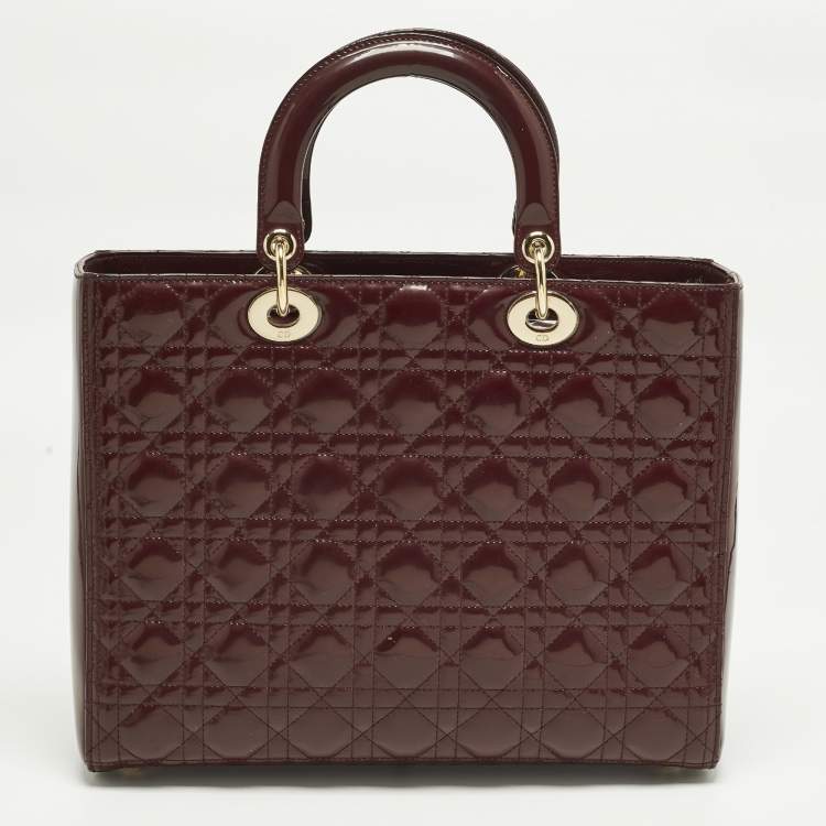 Pre Owned Dior Lady Dior Large Burgundy Cannage Patent Leather Tote