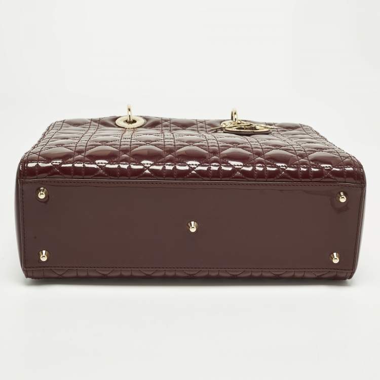 Pre Owned Dior Lady Dior Large Burgundy Cannage Patent Leather Tote