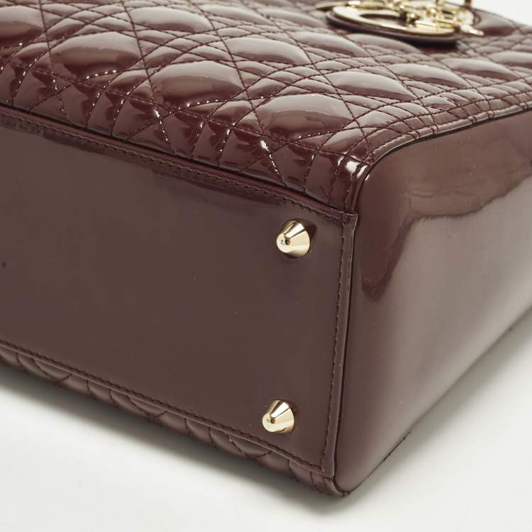 Pre Owned Dior Lady Dior Large Burgundy Cannage Patent Leather Tote