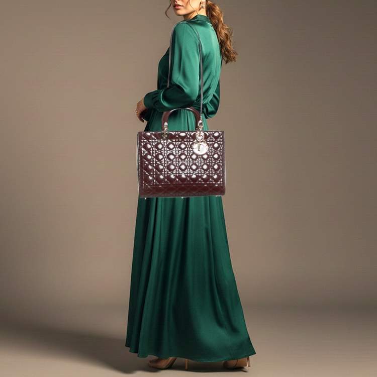 Pre Owned Dior Lady Dior Large Burgundy Cannage Patent Leather Tote