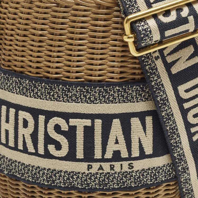 Pre Owned Dior Tan/Navy Blue Canvas and Wicker Drawstring Bucket Bag