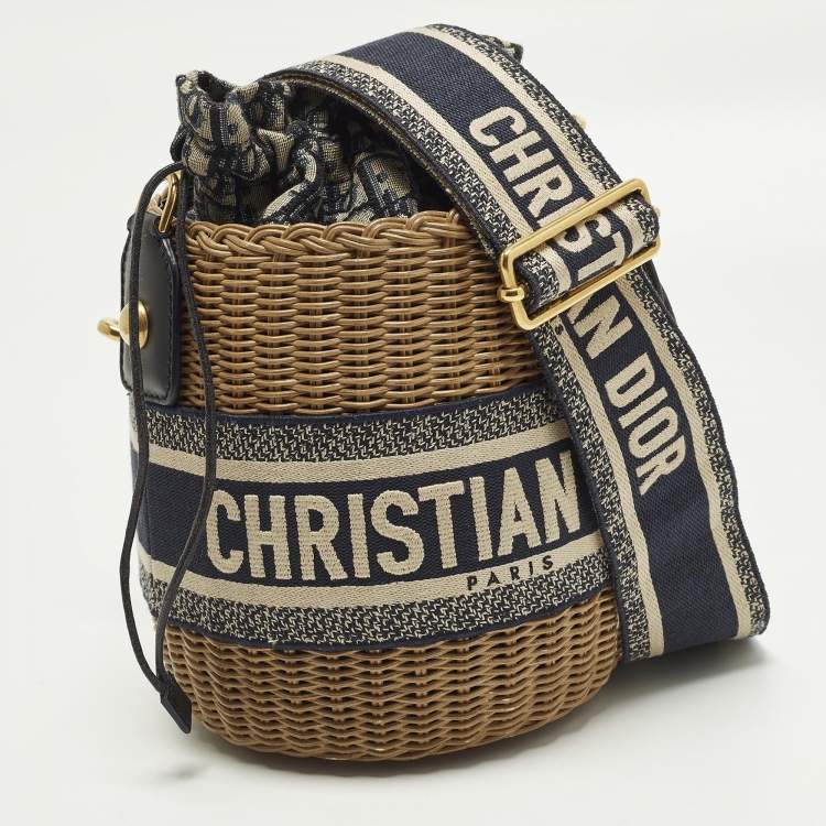 Pre Owned Dior Tan/Navy Blue Canvas and Wicker Drawstring Bucket Bag