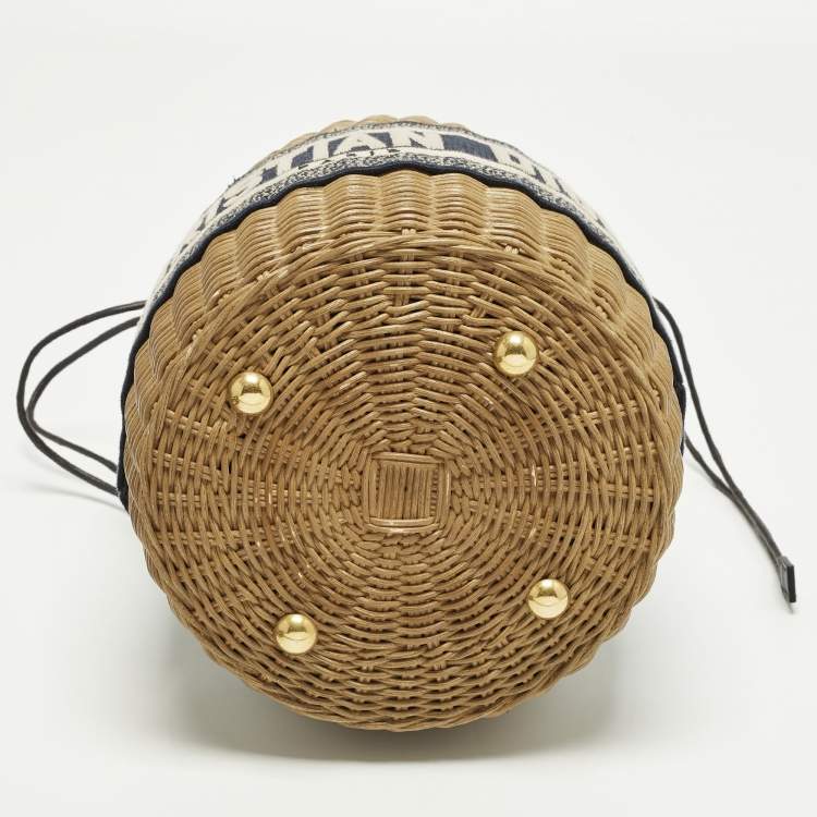 Pre Owned Dior Tan/Navy Blue Canvas and Wicker Drawstring Bucket Bag