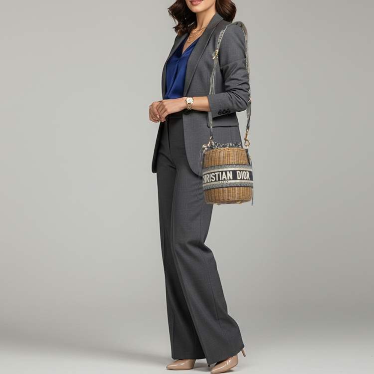 Pre Owned Dior Tan/Navy Blue Canvas and Wicker Drawstring Bucket Bag