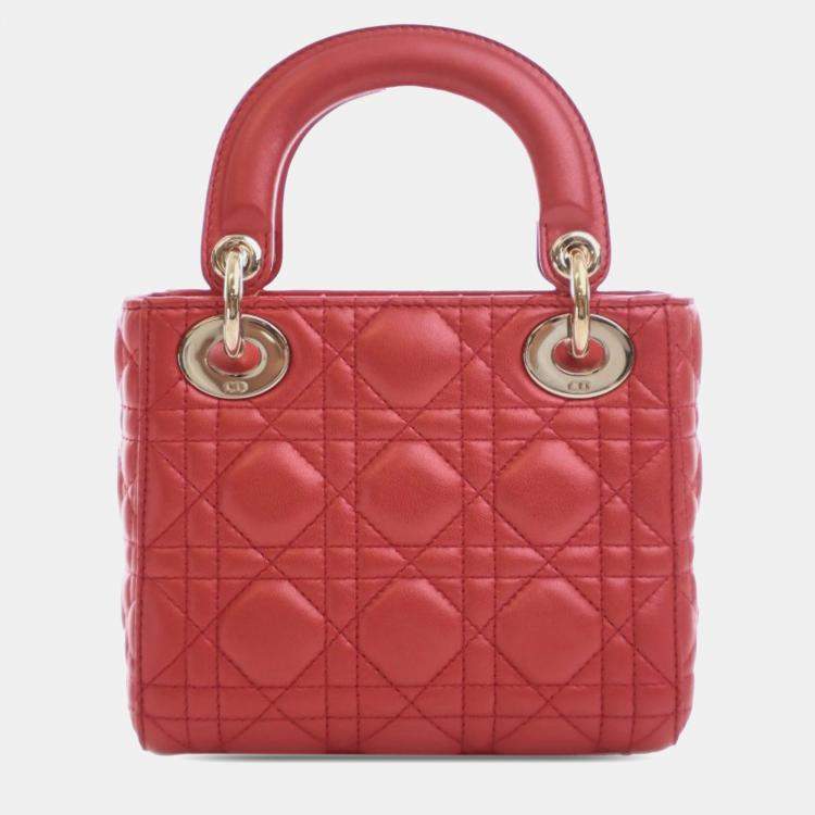 Pre Owned Dior Red Mini Iridescent Lambskin Cannage Lady Dior